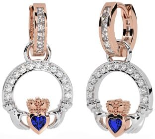 Diamond Sapphire Rose Gold Silver Claddagh Dangle Earrings