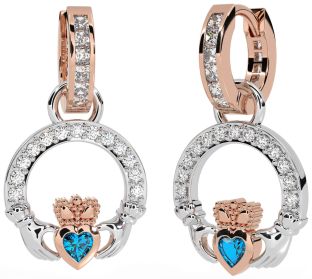 Diamond Topaz Rose Gold Silver Claddagh Dangle Earrings