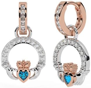 Diamond Topaz Rose Gold Silver Claddagh Dangle Earrings