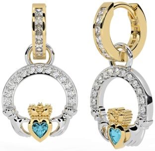 Diamond Aquamarine Gold Silver Claddagh Dangle Earrings