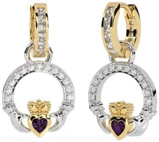 Diamond Alexandrite Gold Silver Claddagh Dangle Earrings
