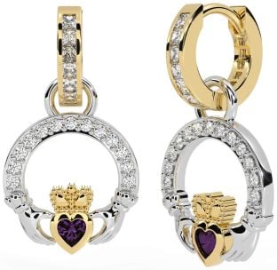 Diamond Alexandrite Gold Silver Claddagh Dangle Earrings
