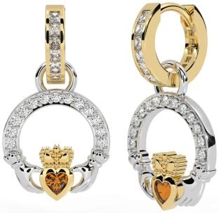 Diamond Citrine Gold Silver Claddagh Dangle Earrings