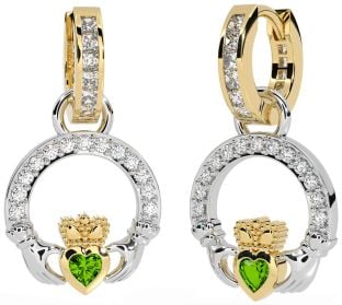 Diamond Peridot Gold Silver Claddagh Dangle Earrings