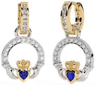 Diamond Sapphire Gold Silver Claddagh Dangle Earrings