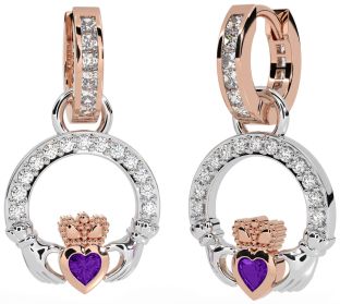 Diamond Amethyst White Rose Gold Claddagh Dangle Earrings