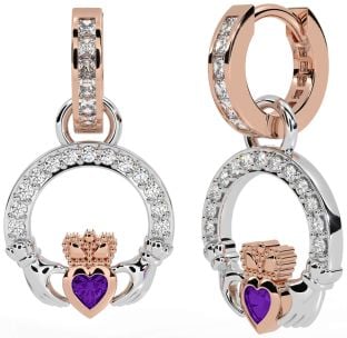 Diamond Amethyst White Rose Gold Claddagh Dangle Earrings