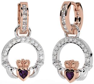 Diamond Alexandrite White Rose Gold Claddagh Dangle Earrings