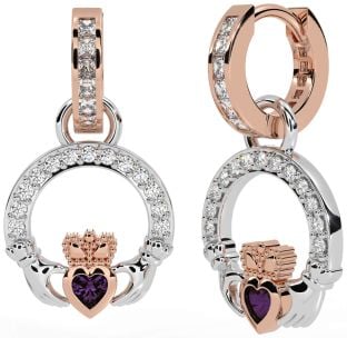 Diamond Alexandrite White Rose Gold Claddagh Dangle Earrings