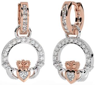 Diamond White Rose Gold Claddagh Dangle Earrings