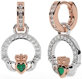 Diamond Emerald White Rose Gold Claddagh Dangle Earrings