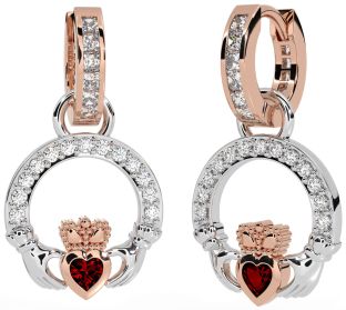 Diamond Garnet White Rose Gold Claddagh Dangle Earrings