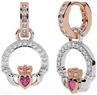Diamond Pink Tourmaline White Rose Gold Claddagh Dangle Earrings