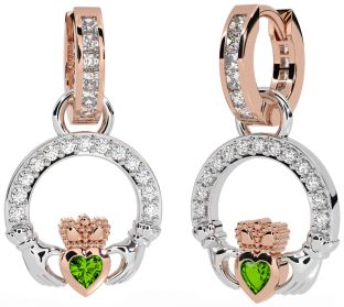 Diamond Peridot White Rose Gold Claddagh Dangle Earrings