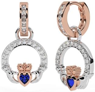 Diamond Sapphire White Rose Gold Claddagh Dangle Earrings