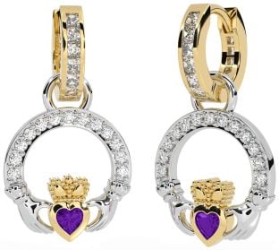 Diamond Amethyst White Yellow Gold Claddagh Dangle Earrings
