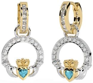 Diamond Aquamarine White Yellow Gold Claddagh Dangle Earrings