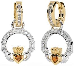 Diamond Citrine White Yellow Gold Claddagh Dangle Earrings