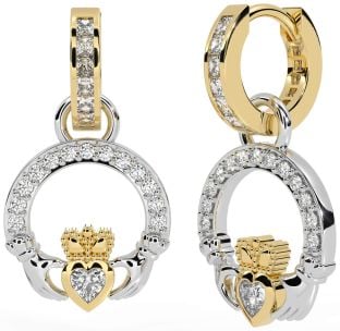 Diamond White Yellow Gold Claddagh Dangle Earrings