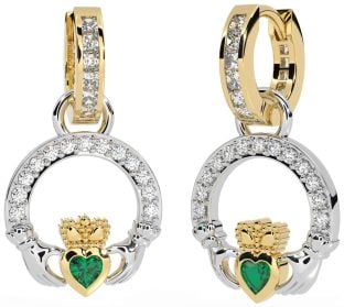 Diamond Emerald White Yellow Gold Claddagh Dangle Earrings