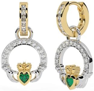 Diamond Emerald White Yellow Gold Claddagh Dangle Earrings