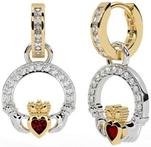 Diamond Garnet White Yellow Gold Claddagh Dangle Earrings