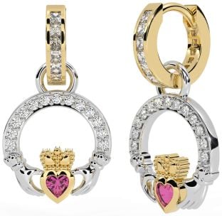 Diamond Pink Tourmaline White Yellow Gold Claddagh Dangle Earrings