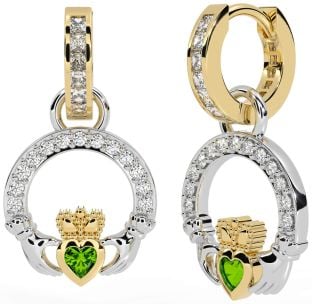 Diamond Peridot White Yellow Gold Claddagh Dangle Earrings