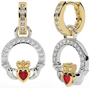Diamond Ruby White Yellow Gold Claddagh Dangle Earrings