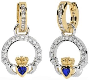 Diamond Sapphire White Yellow Gold Claddagh Dangle Earrings