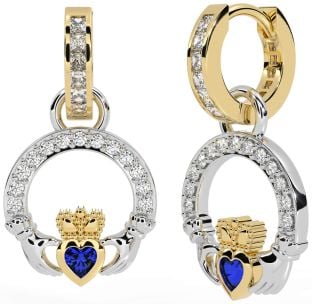 Diamond Sapphire White Yellow Gold Claddagh Dangle Earrings