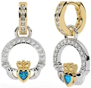Diamond Topaz White Yellow Gold Claddagh Dangle Earrings