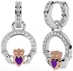 Diamond Amethyst Rose Gold Silver Claddagh Dangle Earrings