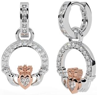 Diamond Rose Gold Silver Claddagh Dangle Earrings