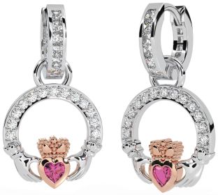 Diamond Pink Tourmaline Rose Gold Silver Claddagh Dangle Earrings