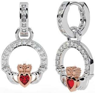 Diamond Ruby Rose Gold Silver Claddagh Dangle Earrings