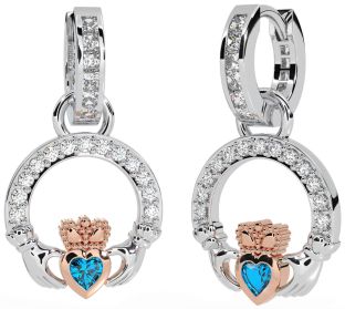 Diamond Topaz Rose Gold Silver Claddagh Dangle Earrings