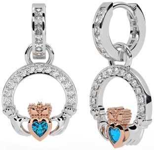 Diamond Topaz Rose Gold Silver Claddagh Dangle Earrings