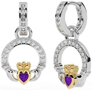 Diamond Amethyst Gold Silver Claddagh Dangle Earrings