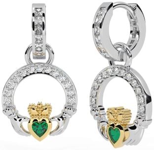 Diamond Alexandrite Gold Silver Claddagh Dangle Earrings