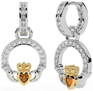 Diamond Citrine Gold Silver Claddagh Dangle Earrings