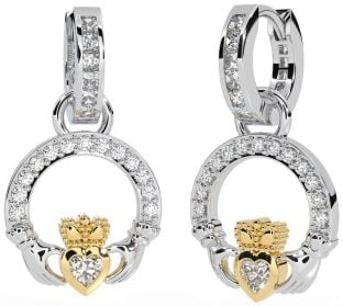 Diamond Gold Silver Claddagh Dangle Earrings