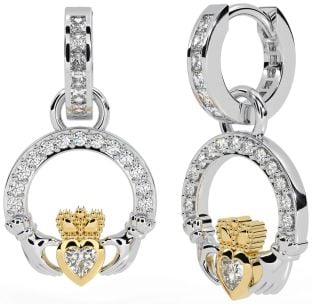 Diamond Gold Silver Claddagh Dangle Earrings