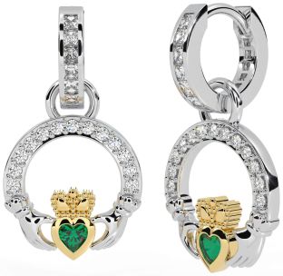 Diamond Emerald Gold Silver Claddagh Dangle Earrings