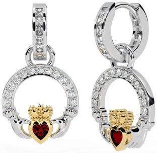 Diamond Garnet Gold Silver Claddagh Dangle Earrings
