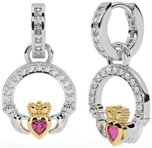 Diamond Pink Tourmaline Gold Silver Claddagh Dangle Earrings
