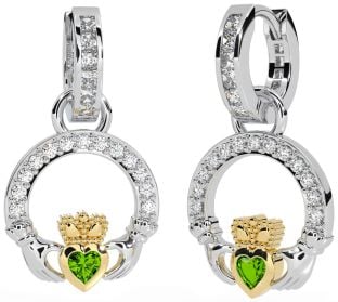 Diamond Peridot Gold Silver Claddagh Dangle Earrings