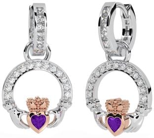 Diamond Amethyst Rose Gold Silver Claddagh Dangle Earrings