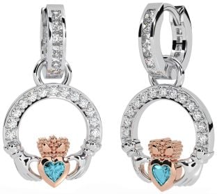 Diamond Aquamarine Rose Gold Silver Claddagh Dangle Earrings