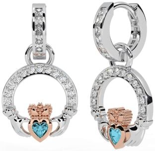 Diamond Aquamarine Rose Gold Silver Claddagh Dangle Earrings